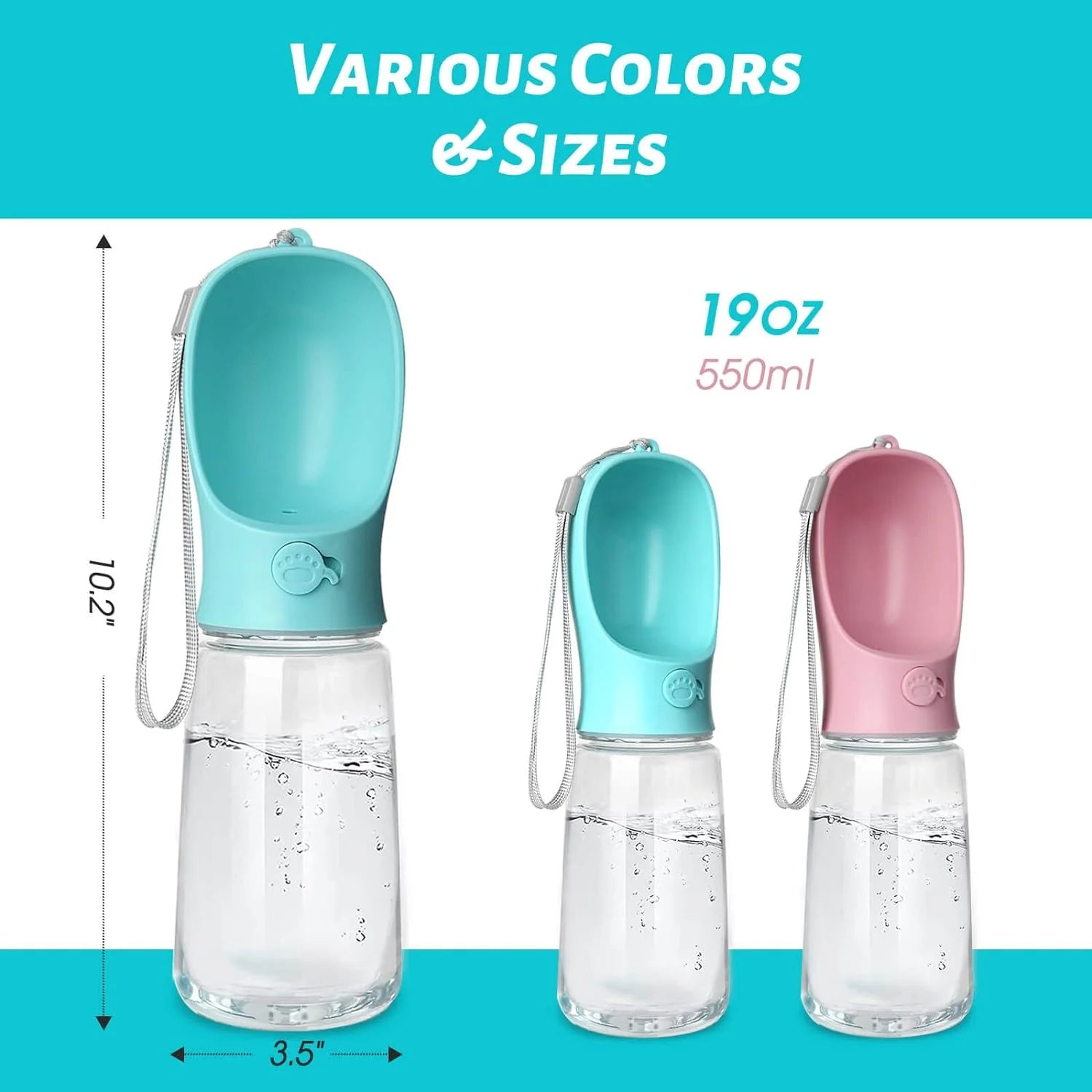 10.2" x 2.7" Portable Dog Water Bottle, 19oz Leak-Proof Dispenser with Drinking Feeder for Outdoor Activities - Food Grade Plastic, Blue