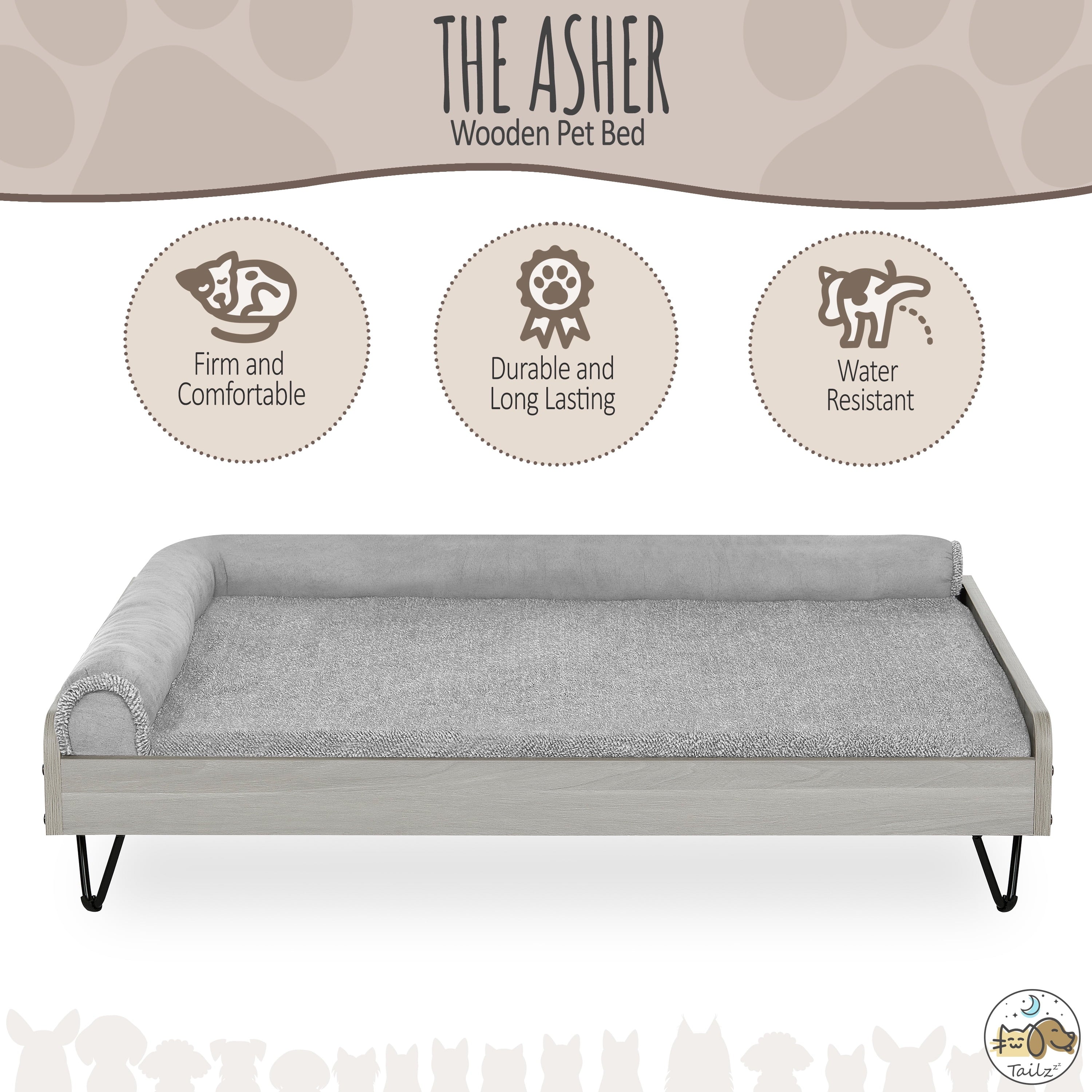 Elevate Your Pet's Comfort with the Asher Wooden Pet Bed & Mattress - Large to Extra Large, Greenguard Gold Certified!