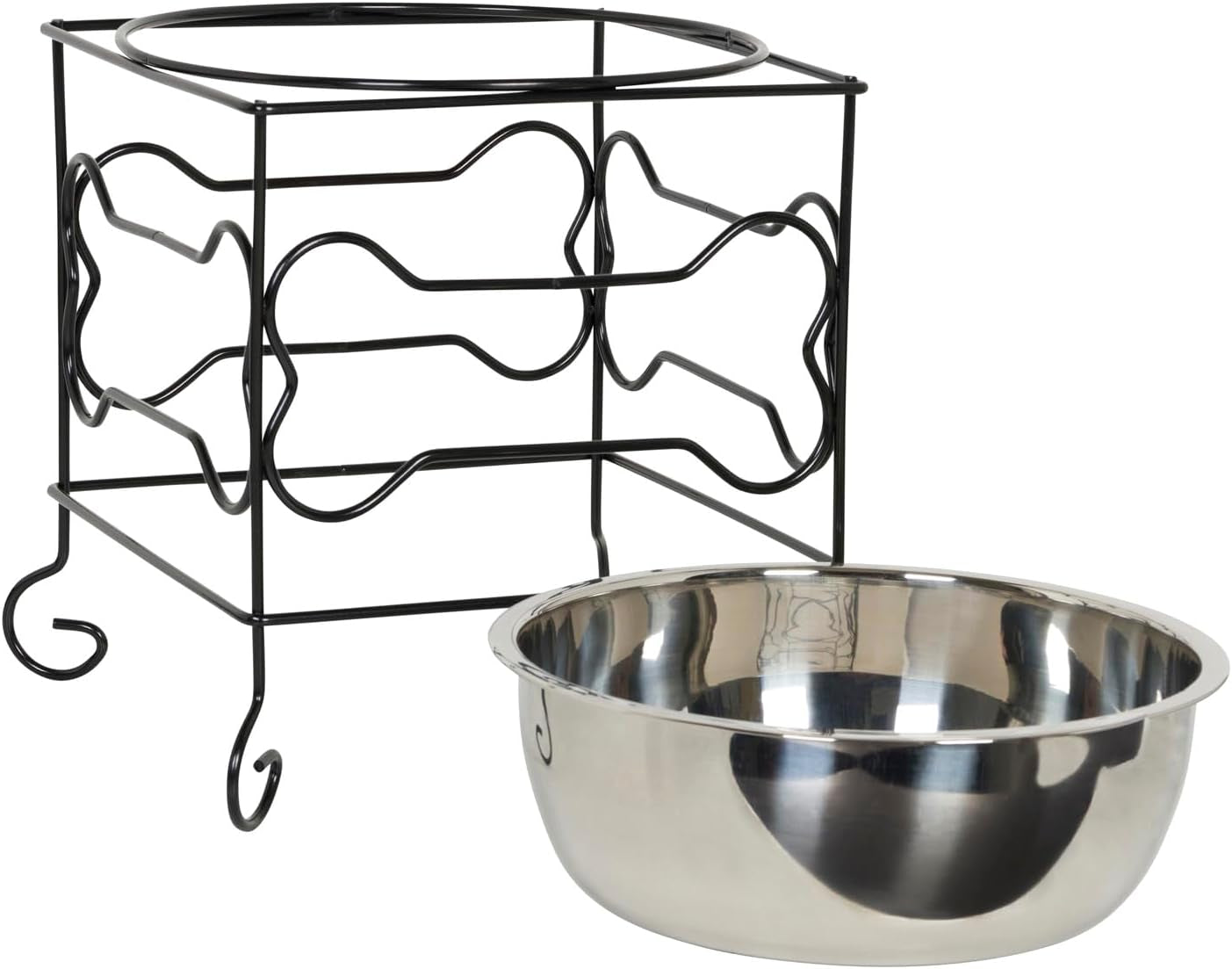 Elevated Stainless Steel Pet Bowl with Black Wrought Iron Stand, 10-Inch Capacity (10.75 Cups)