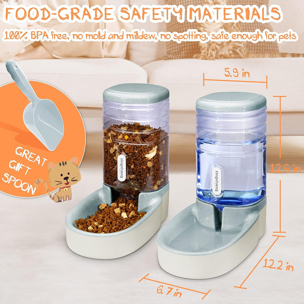 Gravity Automatic Cat Feeder & Water Dispenser - 1 Gallon Dual Bowl for All Pet Sizes (Gray)