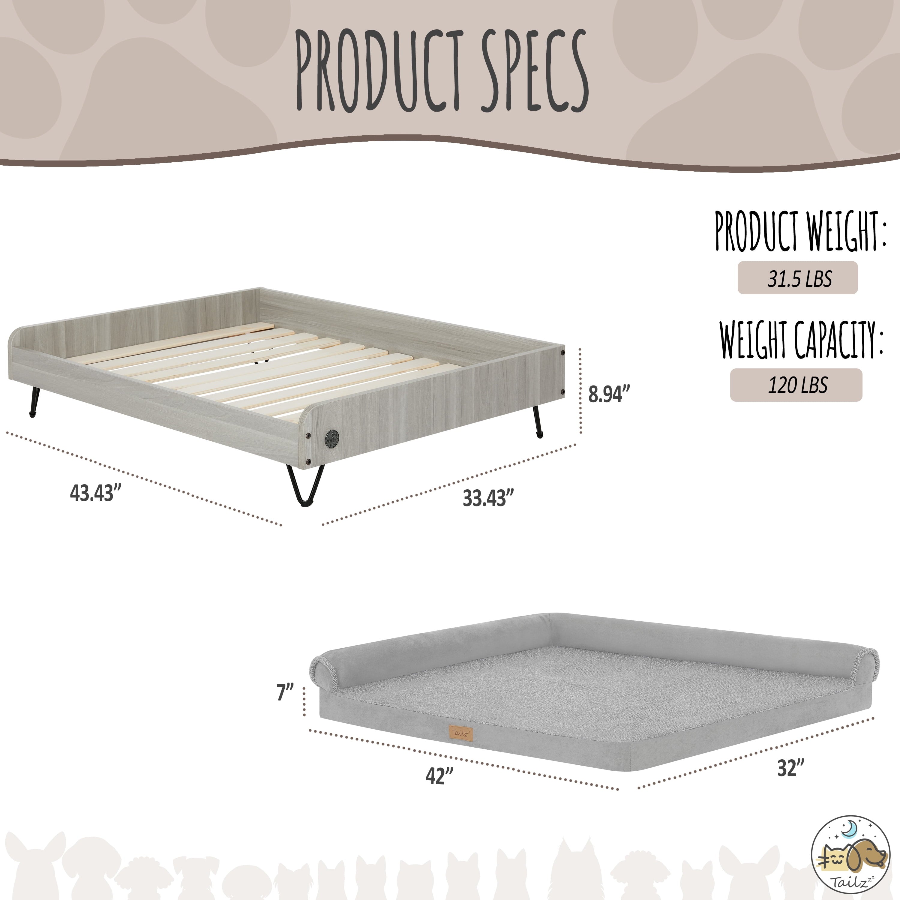 Elevate Your Pet's Comfort with the Asher Wooden Pet Bed & Mattress - Large to Extra Large, Greenguard Gold Certified!