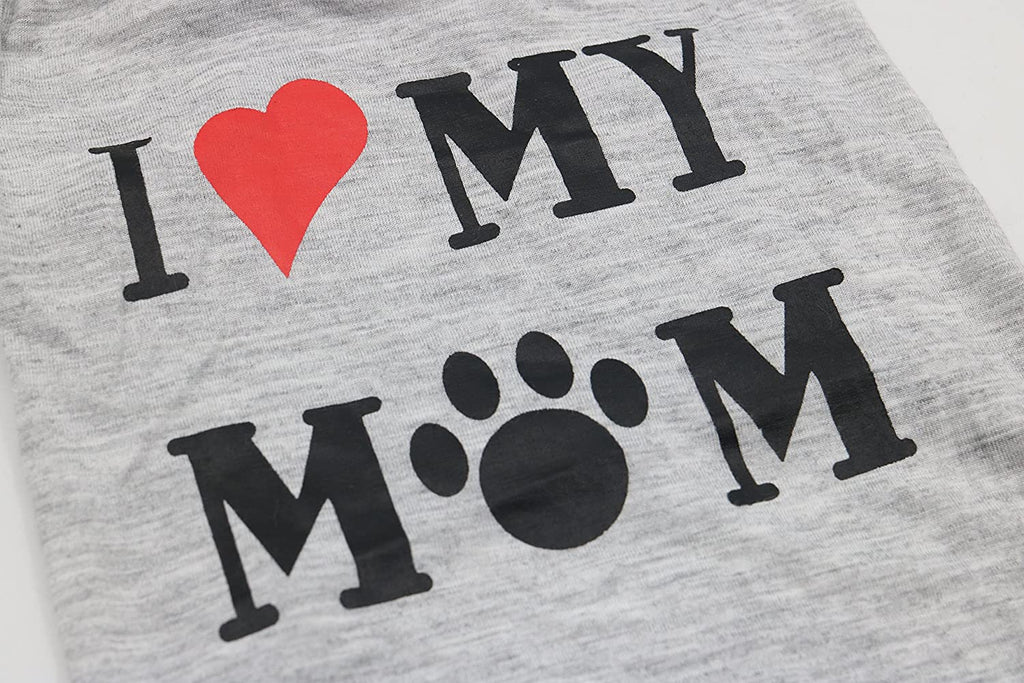 Puppy T-Shirt - "I Love My Mom" Design for Small Dogs, Grey