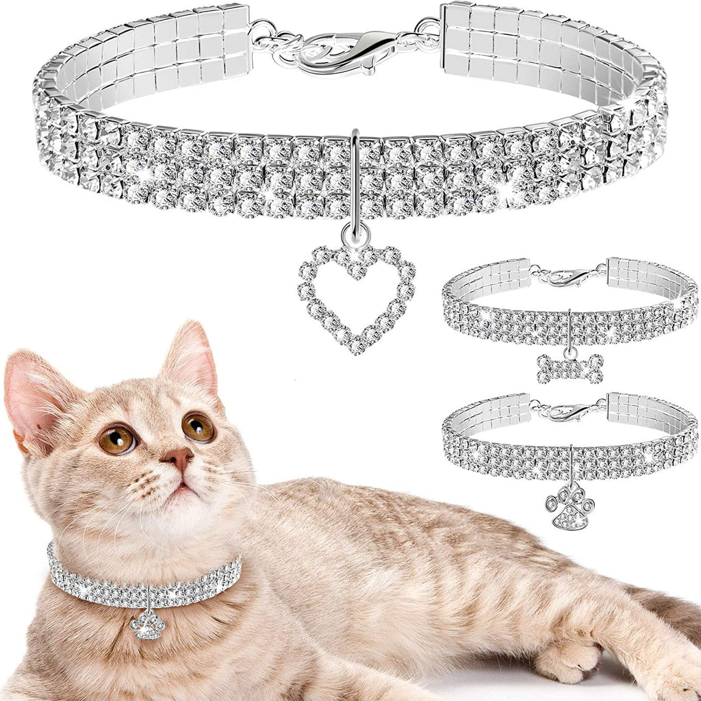 Adjustable Rhinestone Dog and Cat Collars with Glitter Pendant – Set of 3 for Small Pets (White)