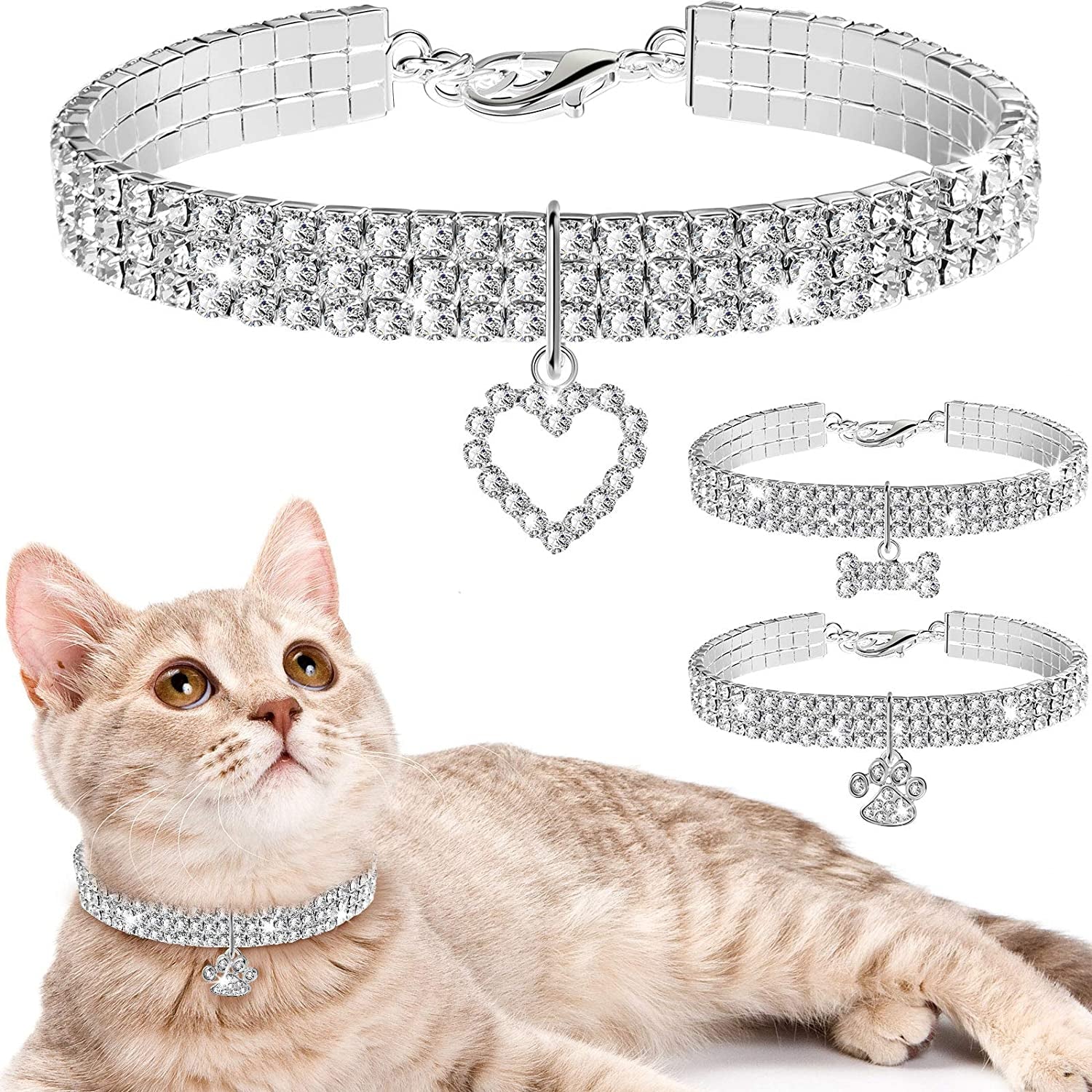 Adjustable Rhinestone Dog and Cat Collars with Glitter Pendant – Set of 3 for Small Pets (White)