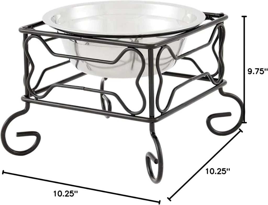 Elevated Stainless Steel Pet Bowl with Black Wrought Iron Stand, 10-Inch Capacity (10.75 Cups)