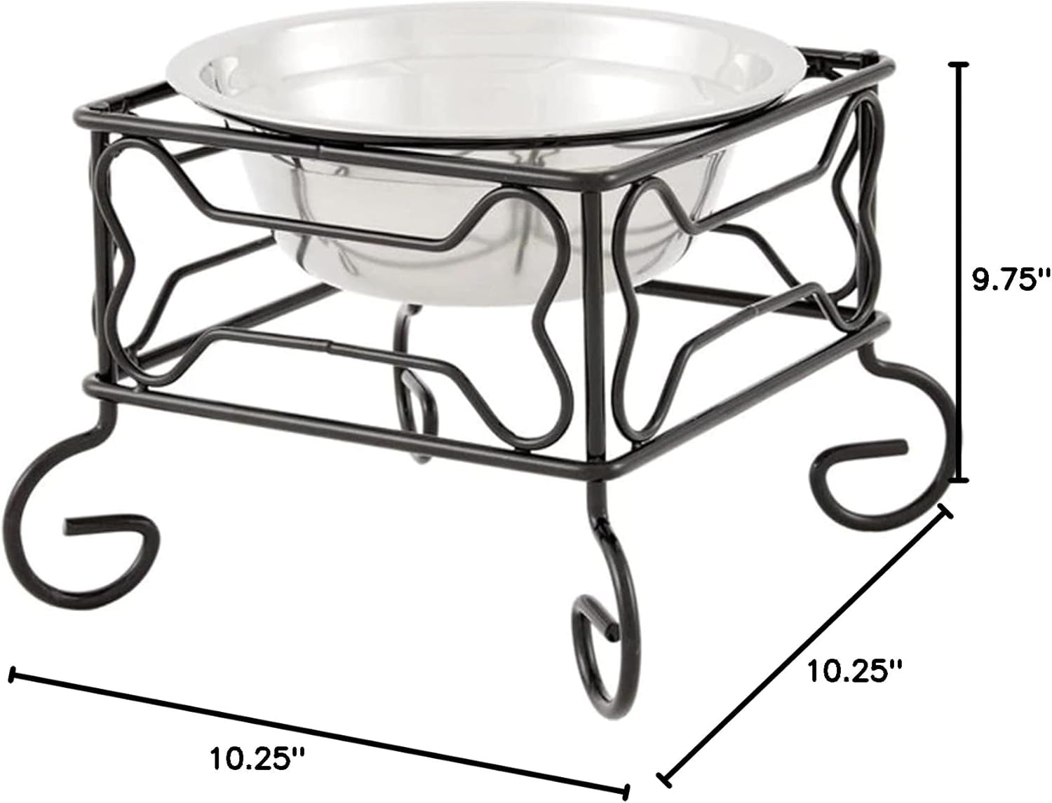 Elevated Stainless Steel Pet Bowl with Black Wrought Iron Stand, 10-Inch Capacity (10.75 Cups)