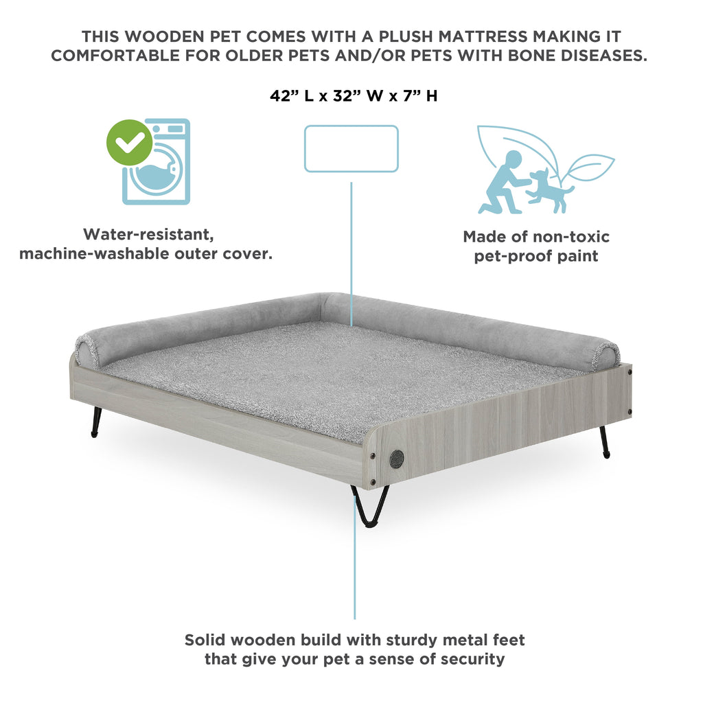 Elevate Your Pet's Comfort with the Asher Wooden Pet Bed & Mattress - Large to Extra Large, Greenguard Gold Certified!