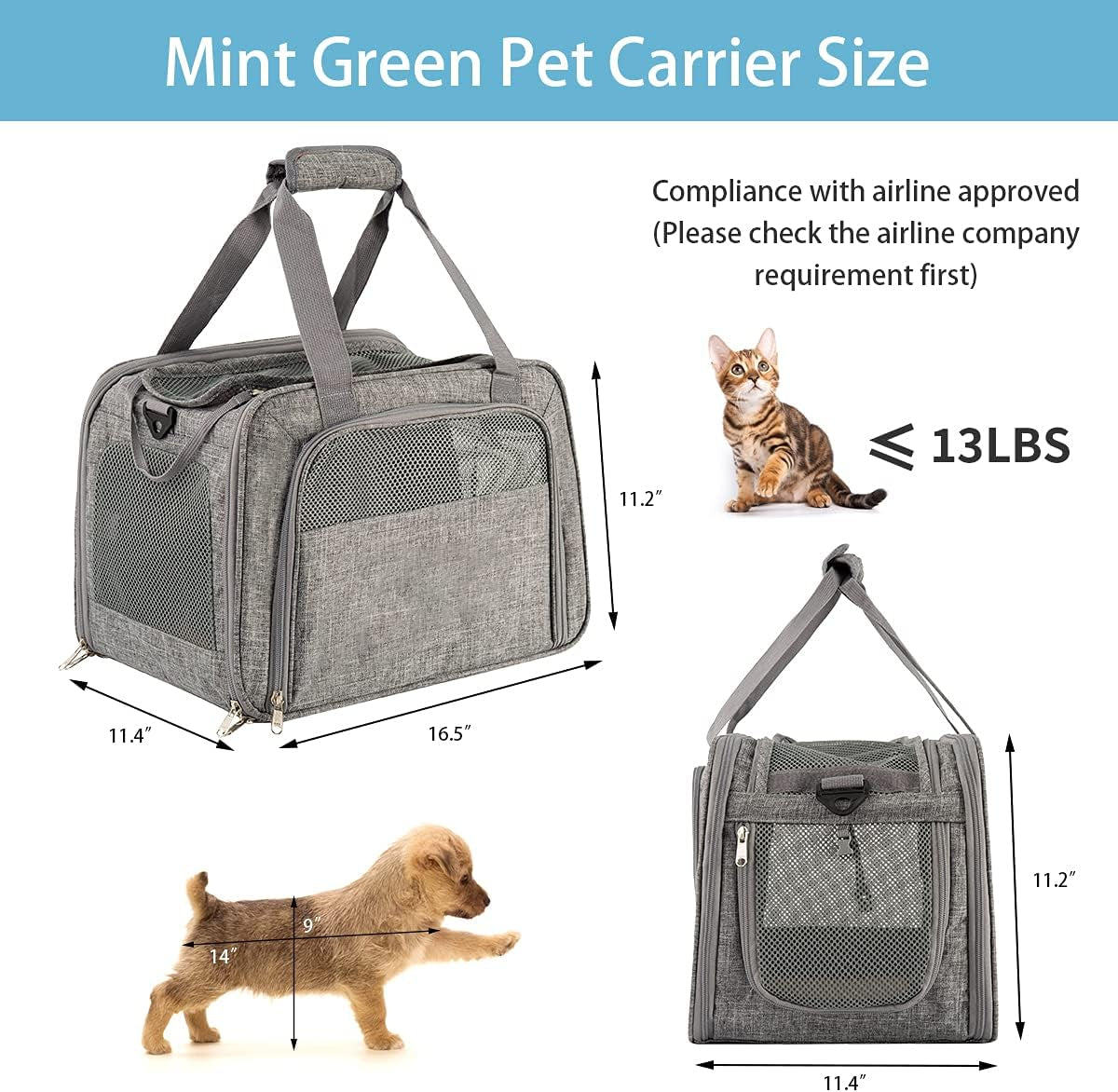 Premium Soft-Sided Pet Carrier for Cats and Small Dogs - Airline Approved, Portable, and Breathable Travel Solution in Stylish Gray