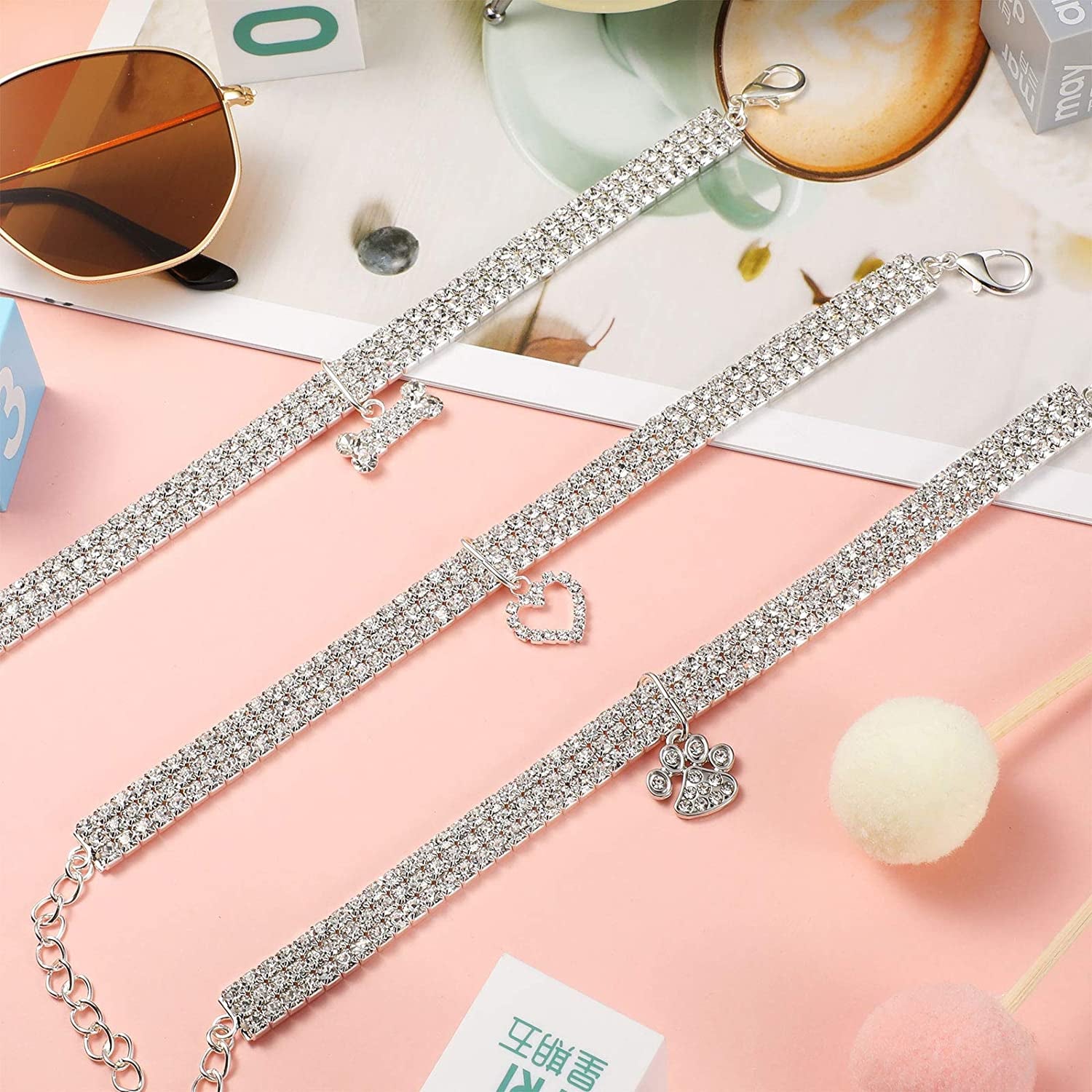 Adjustable Rhinestone Dog and Cat Collars with Glitter Pendant – Set of 3 for Small Pets (White)