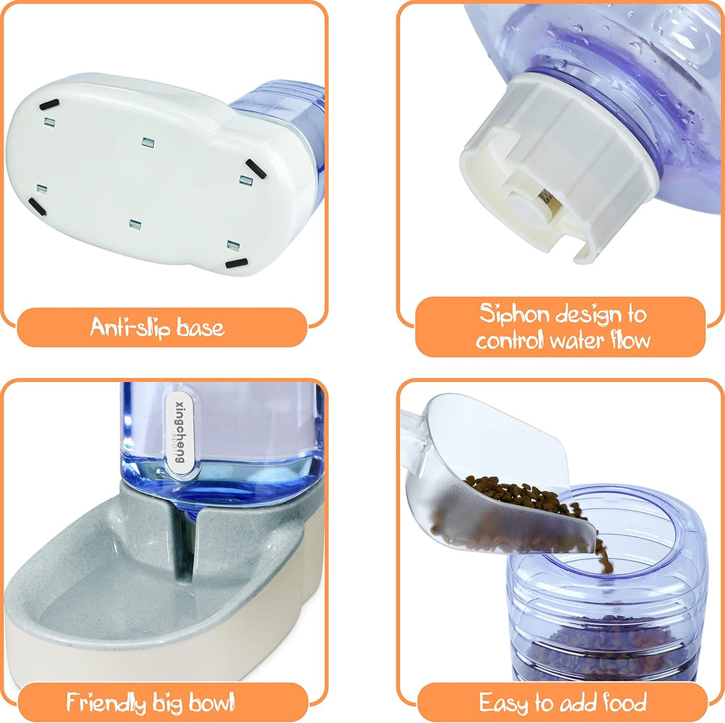 Gravity Automatic Cat Feeder & Water Dispenser - 1 Gallon Dual Bowl for All Pet Sizes (Gray)