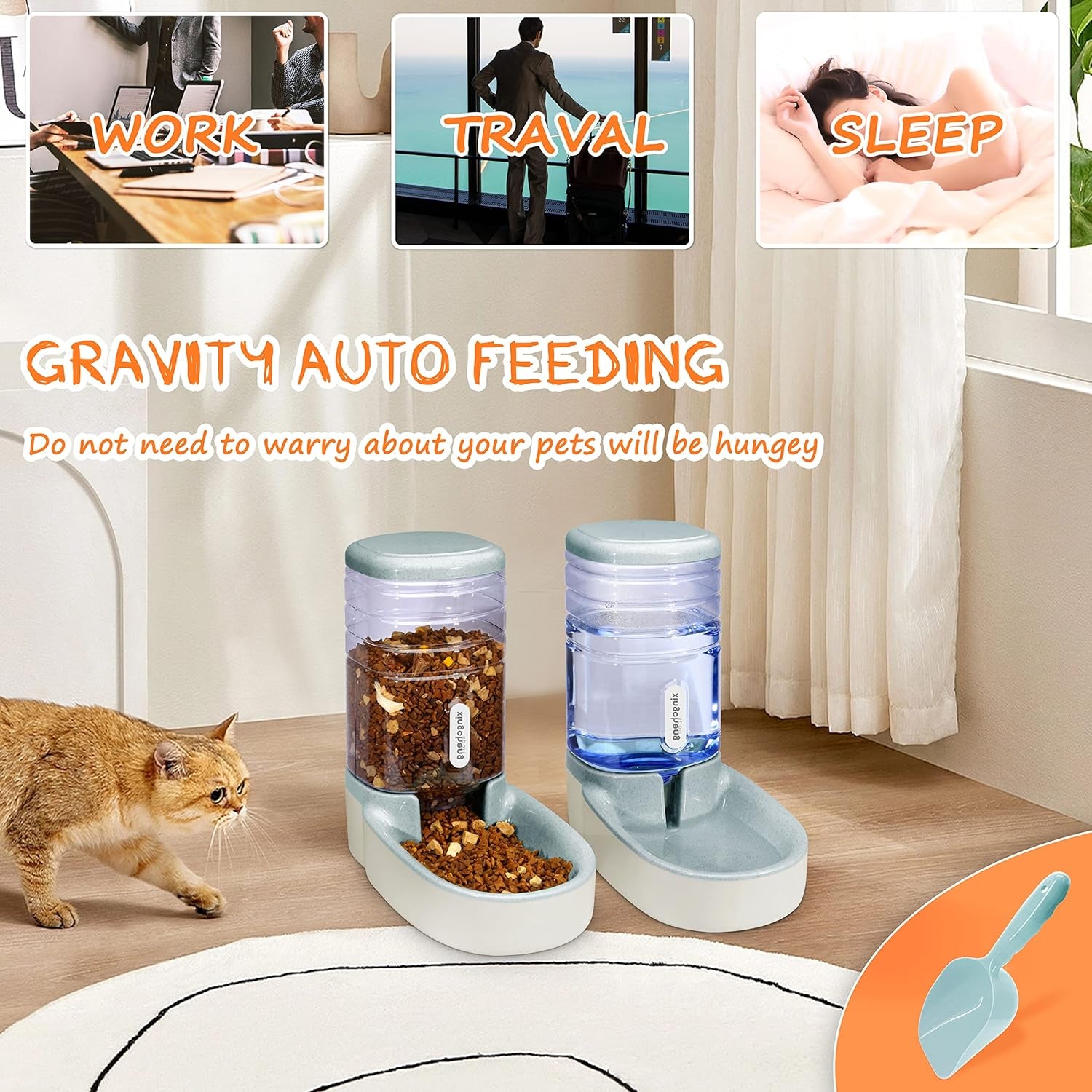 Gravity Automatic Cat Feeder & Water Dispenser - 1 Gallon Dual Bowl for All Pet Sizes (Gray)