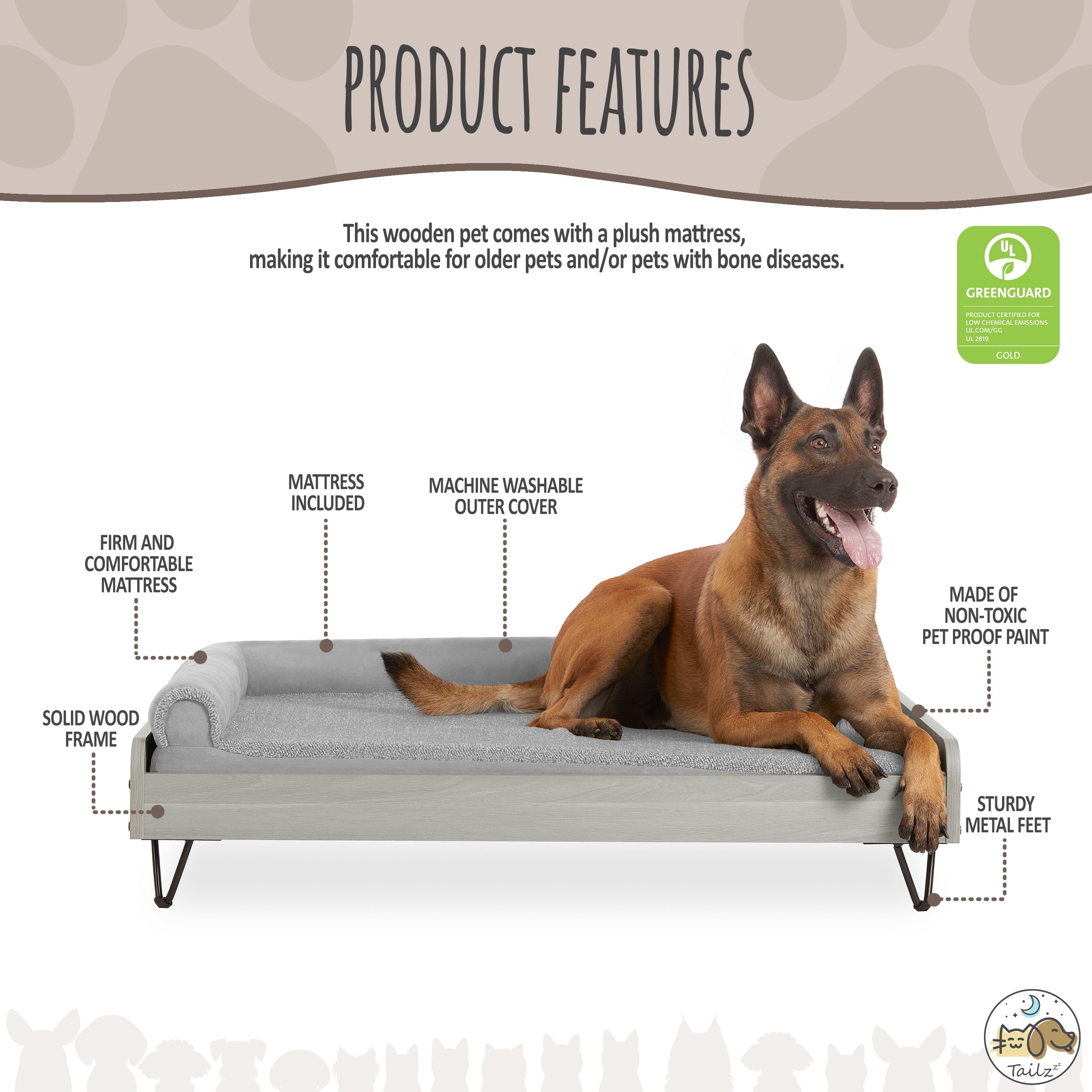 Elevate Your Pet's Comfort with the Asher Wooden Pet Bed & Mattress - Large to Extra Large, Greenguard Gold Certified!