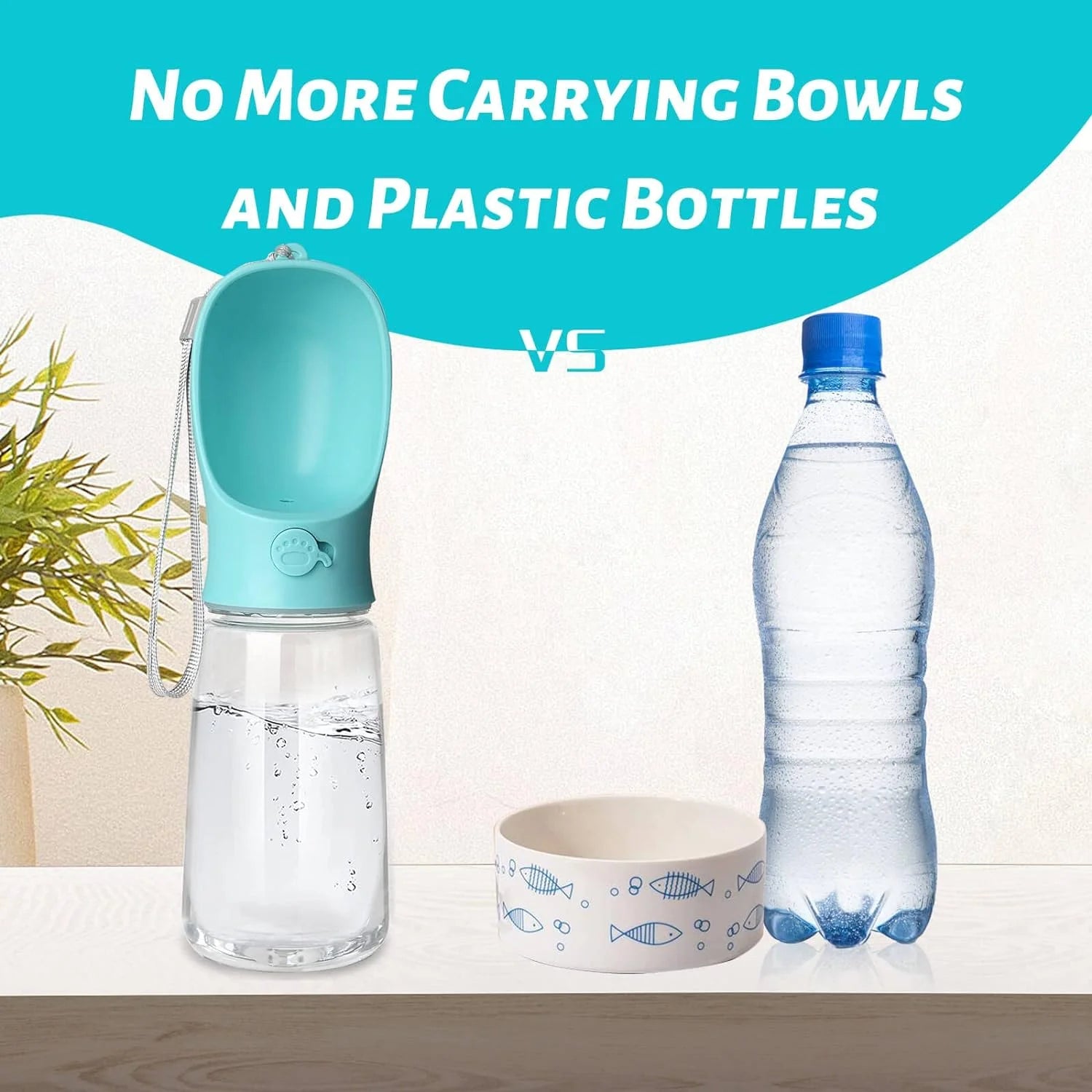 10.2" x 2.7" Portable Dog Water Bottle, 19oz Leak-Proof Dispenser with Drinking Feeder for Outdoor Activities - Food Grade Plastic, Blue