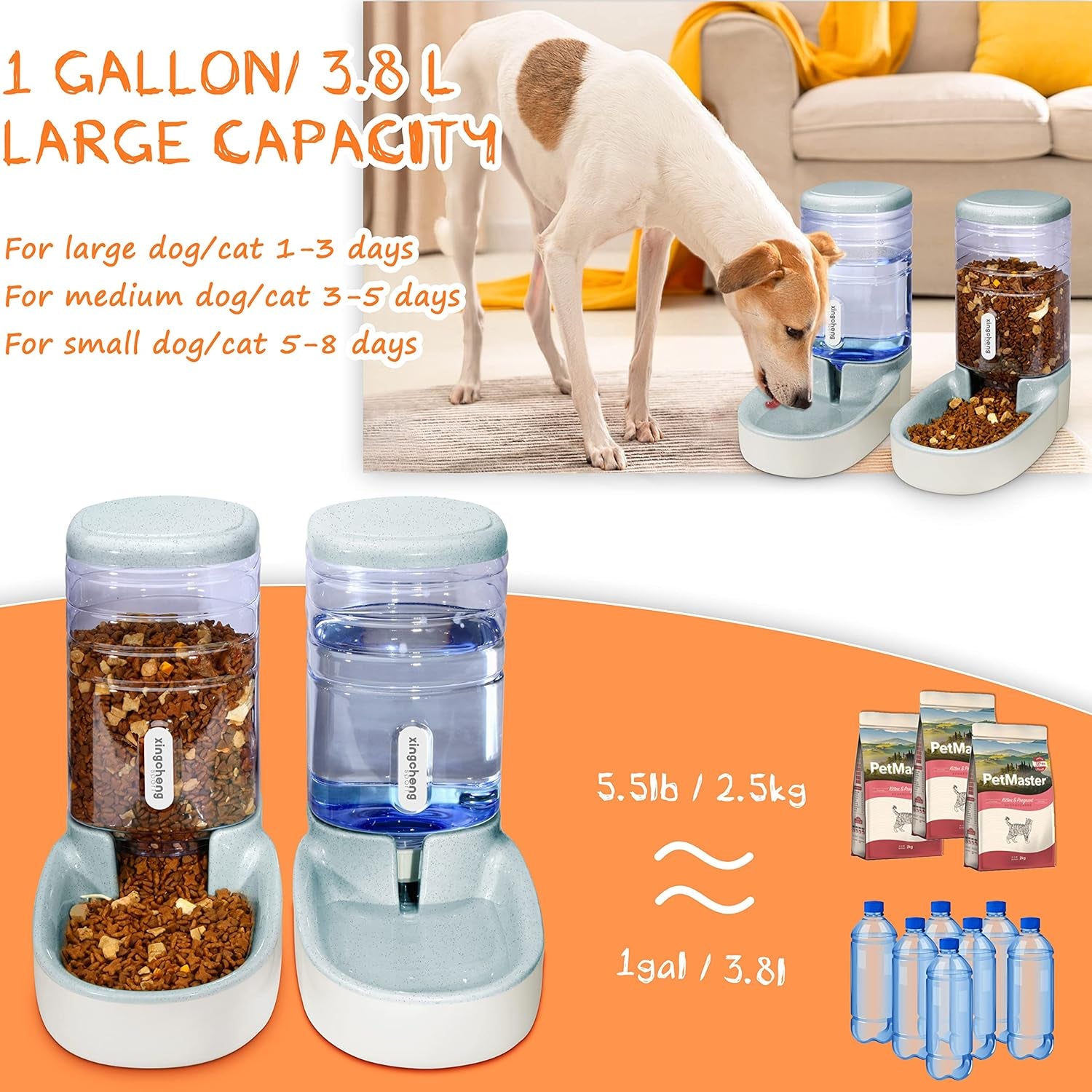 Gravity Automatic Cat Feeder & Water Dispenser - 1 Gallon Dual Bowl for All Pet Sizes (Gray)