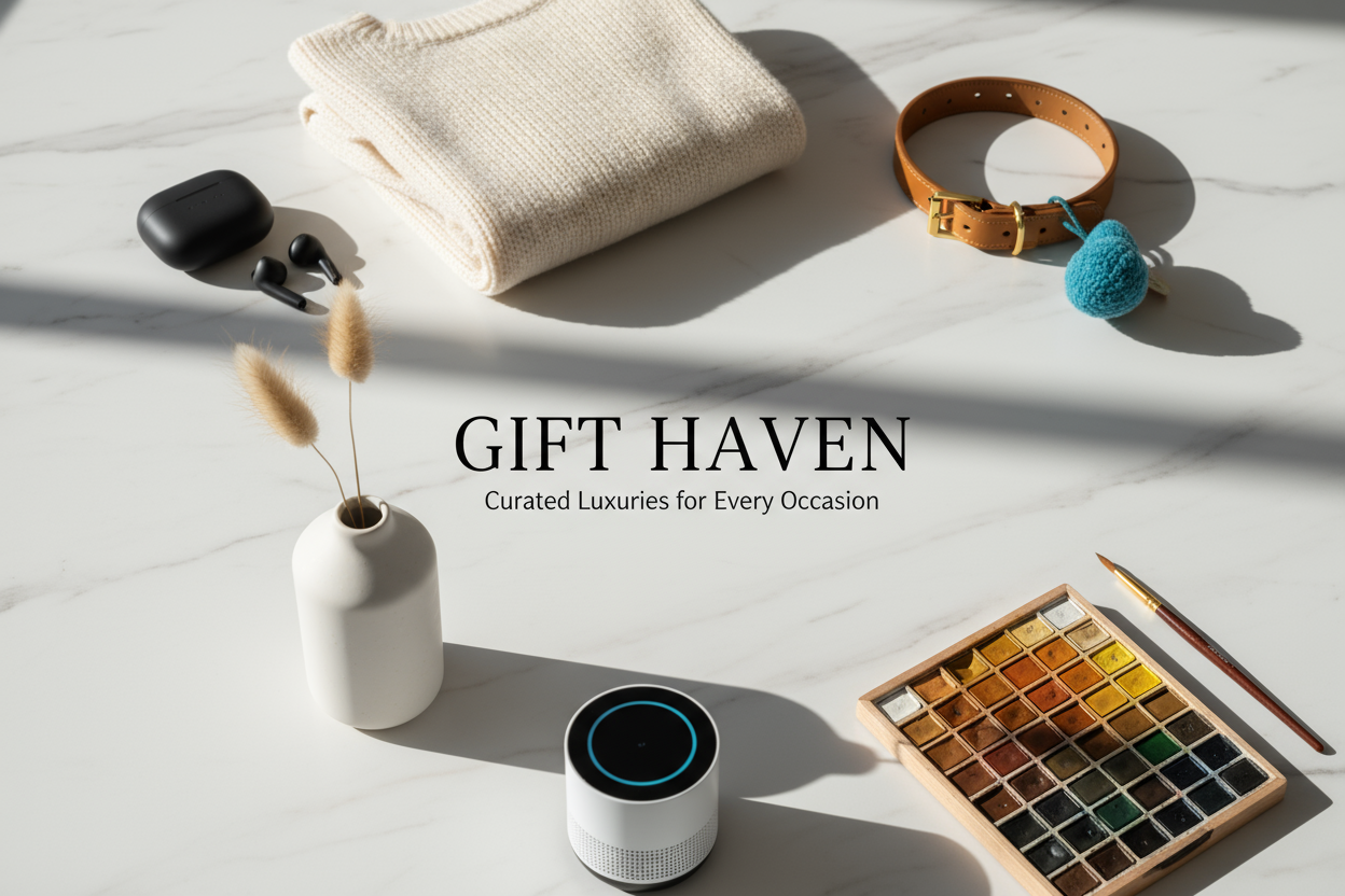 Generate a sophisticated front page picture for an online e-commerce website that sells general merchandise such as pets supplies, clothing, household goods, electronics, hobbies etc. The store is named Gift Haven.